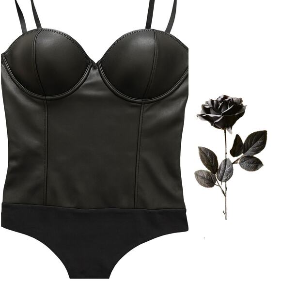 INC International Concepts Black Faux Leather Bodysuit, Size M Like New - Picture 2 of 8